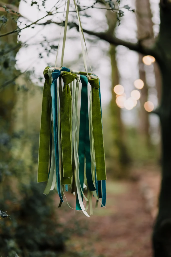 blue and green ribbon decoration hangs on a tree